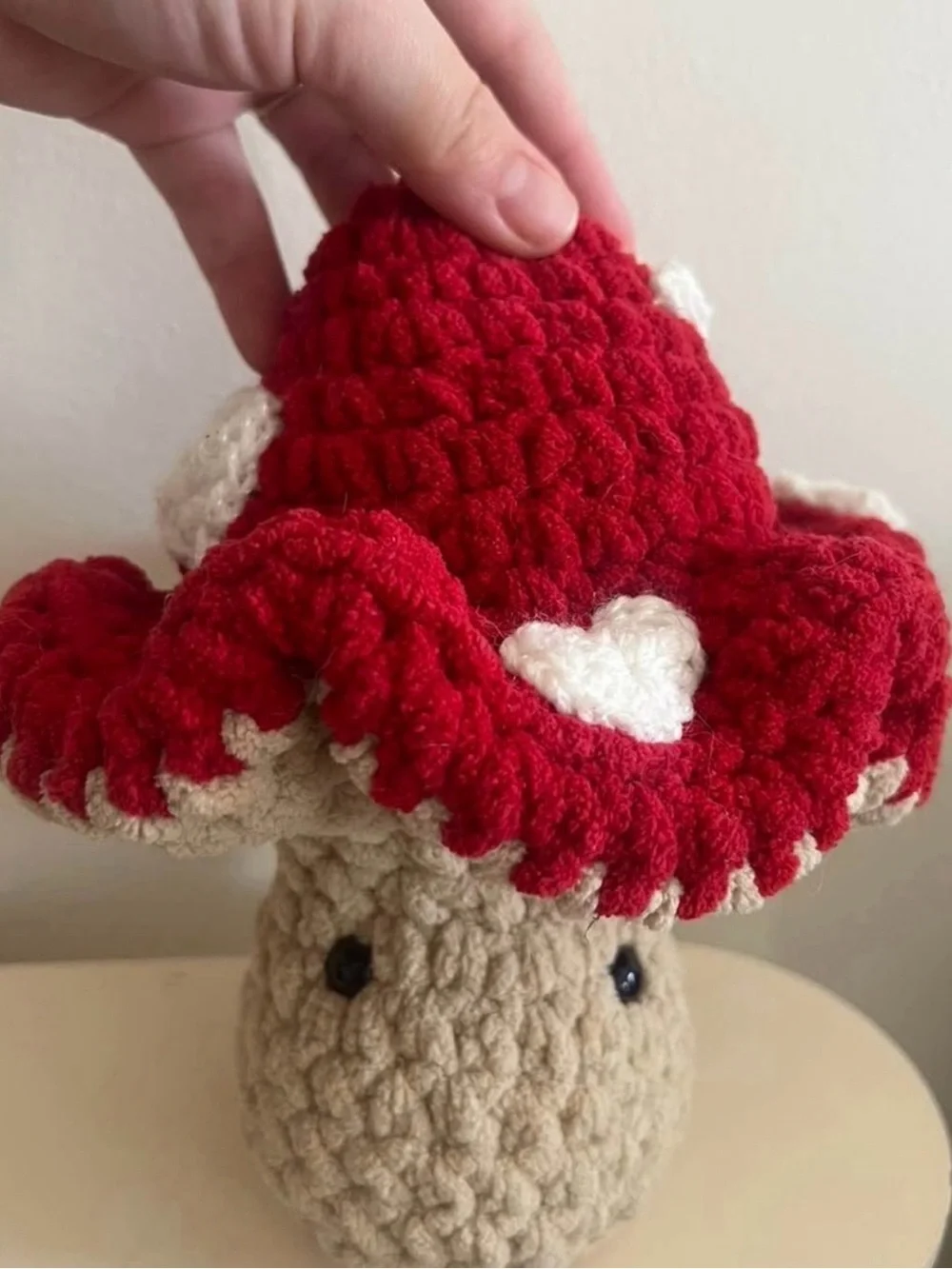 Anthropologie Red Crochet Mushroom with White Heart Accents